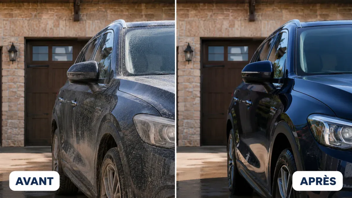 Carrosserie de SUV noir avant et après lavage — Purano Nettoyage Lyon