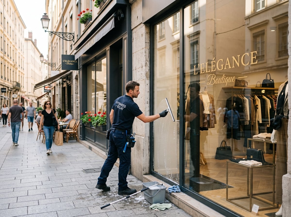Lavage de vitrine de commerce par l’équipe Purano Nettoyage